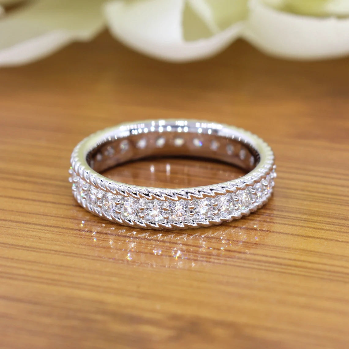 0.90 ct. Diamond Eternity Band, Rope Designed Edge Ring Vintage Inspired-VIRABYANI